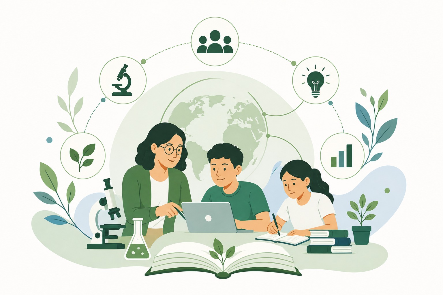 Professora e estudantes consultando fontes científicas sobre Saúde Única